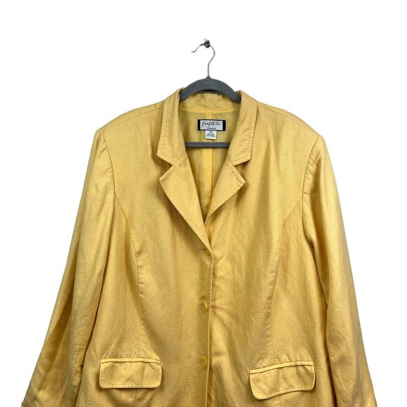 Mary McFadden Womens Linen Blazer Collared Button Flap Pockets Padded Yellow 24W - Picture 2 of 5